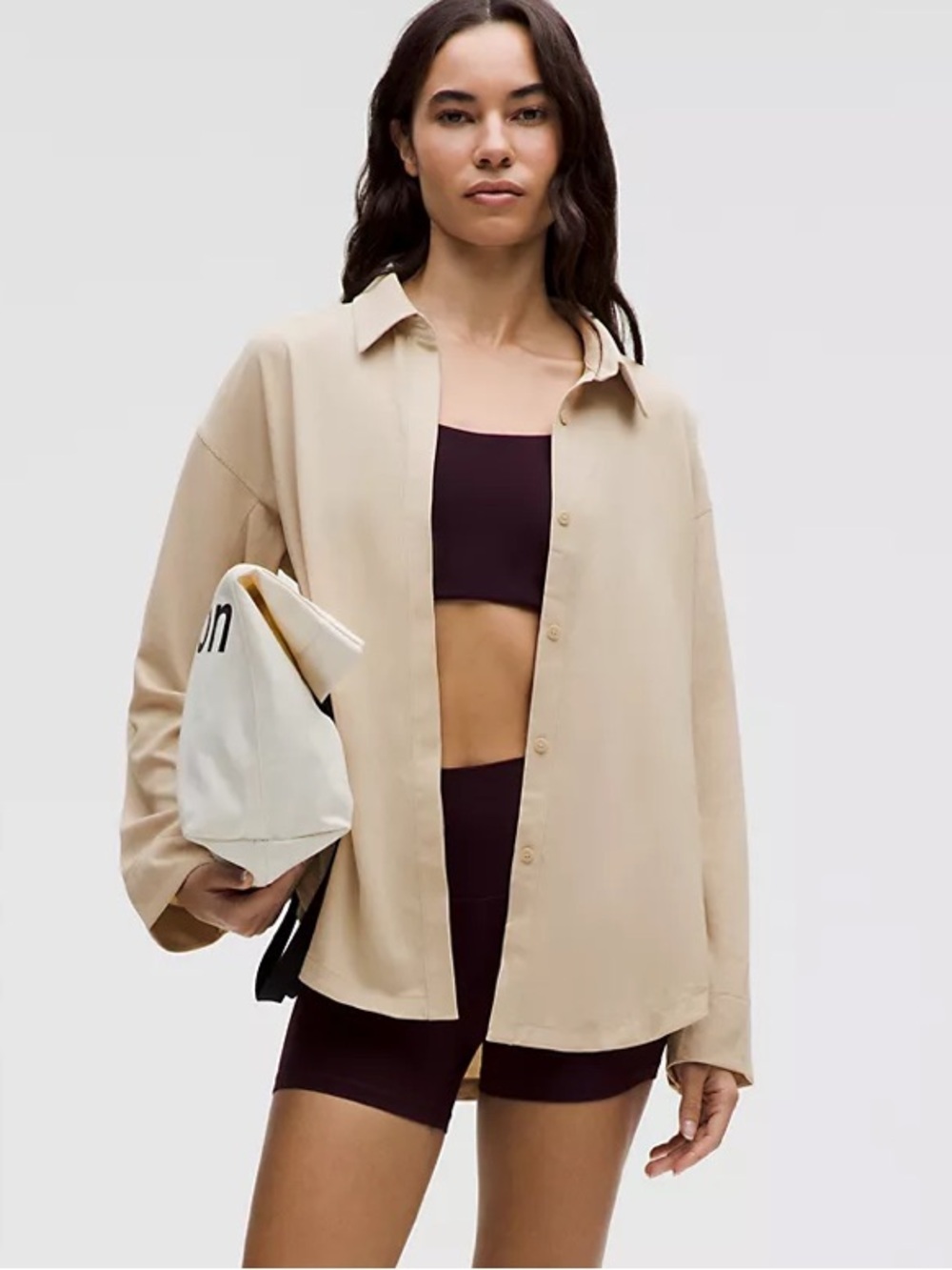 Lululemon Long Button-Front Shirt Bone Size 8 NWT Oversized Quick Dry